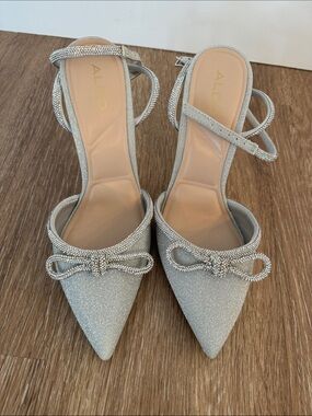 Aldo Silver Bow Pointed-Toe Ankle Strap Heels